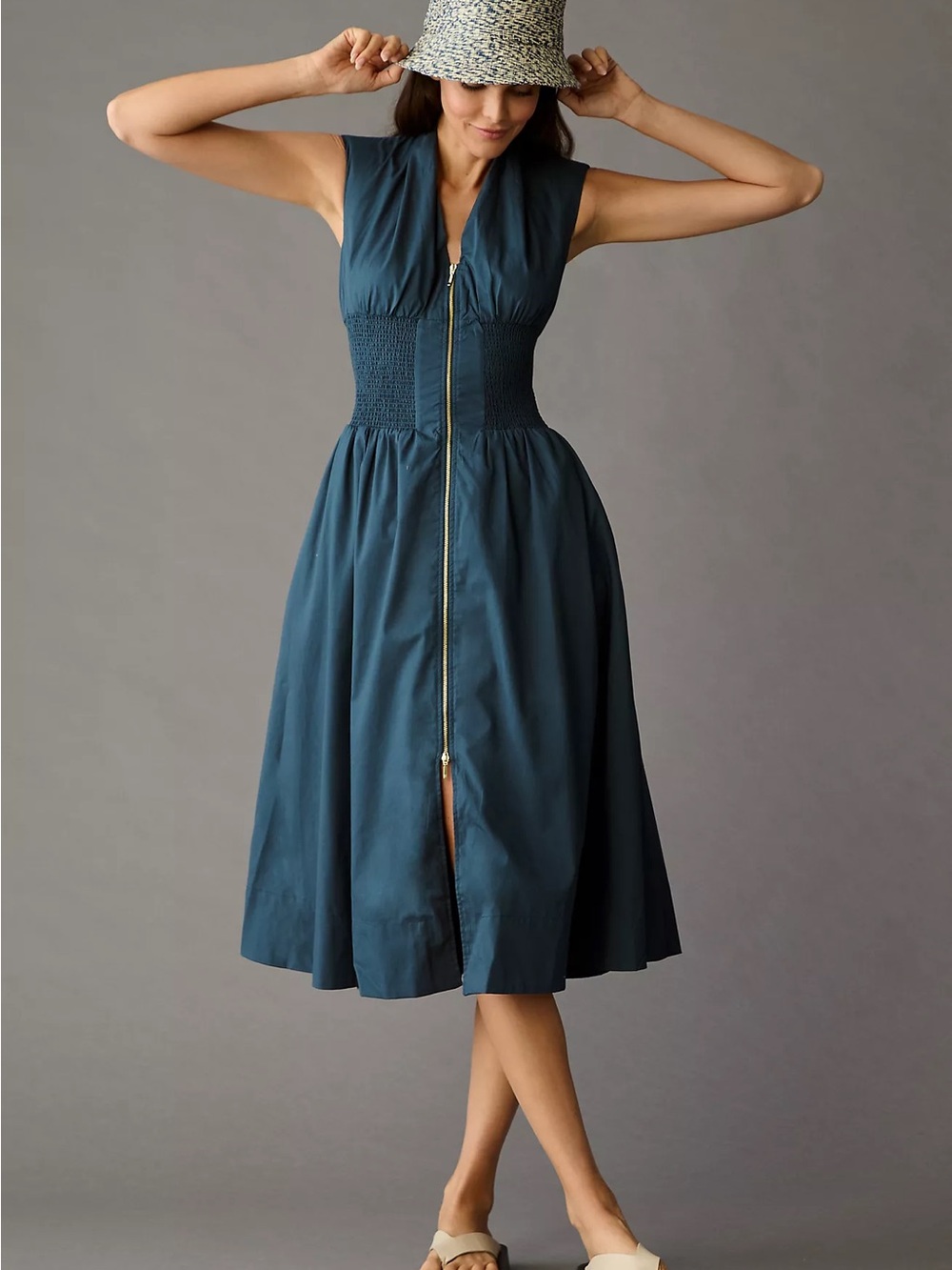 Sleeveless Zip-Front Tea Dress in navy